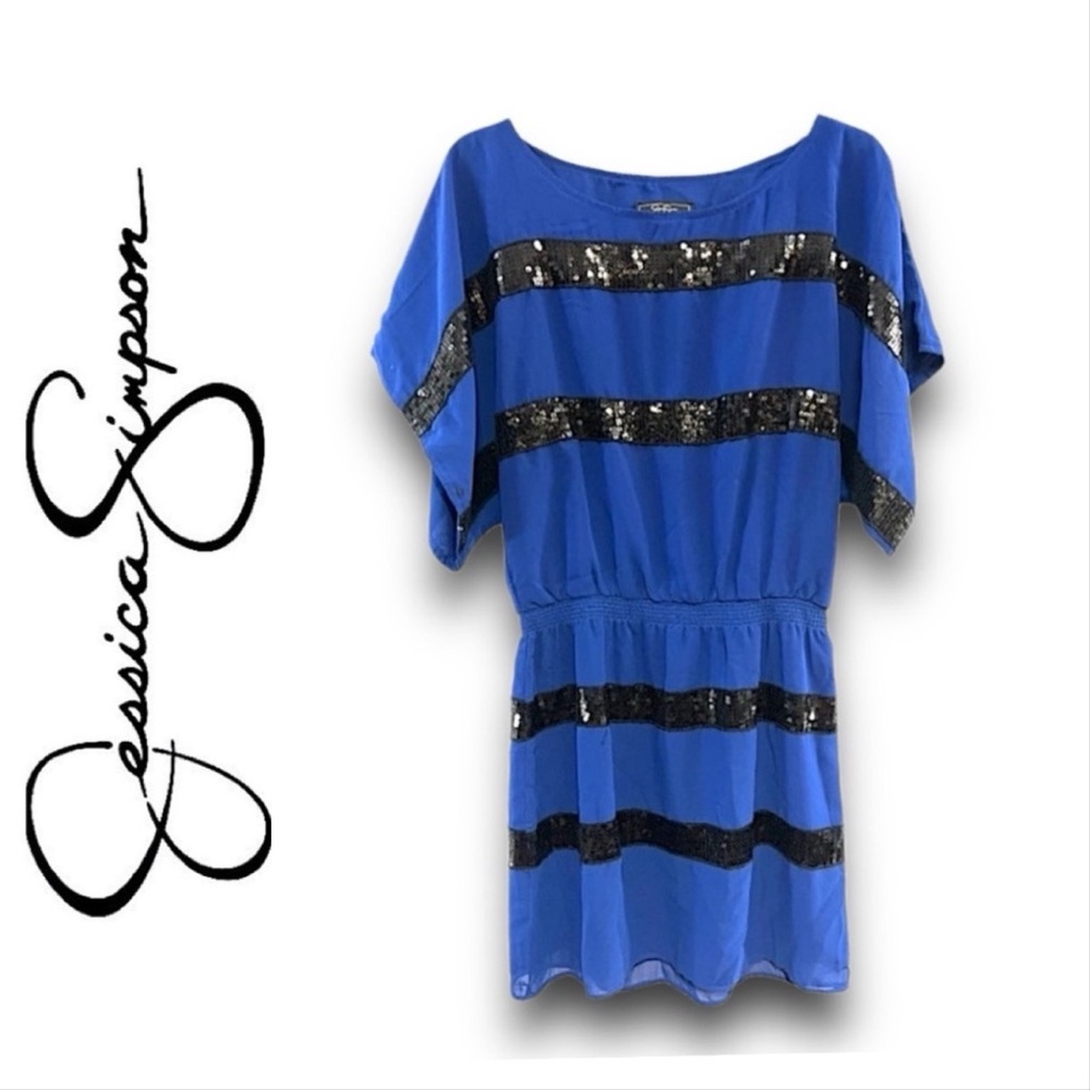 JESSICA SIMPSON Sheer Cobalt Blue & Black Sequin Stripes Mini Dress SZ SM
